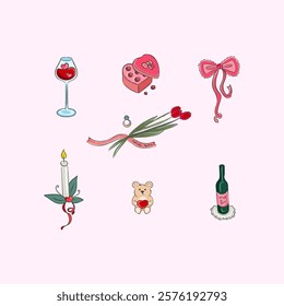 Valentines day doodle set, bottle of wine, chocolate, candle, romantic, teddy bear with heart