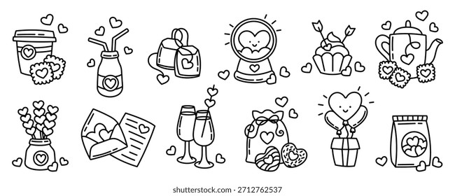 Conjunto de doodle de San Valentín. Colección linda de los iconos del amor. Ilustración vectorial de arte de línea para colorear.