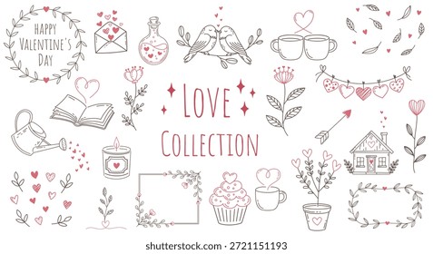Valentinstag-Doodle-Set mit niedlichem Cupid, fliegenden Herzen, Rose und romantischem Brief für Hochzeitseinladungen und Grußkarten-Design
