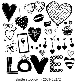 Valentines Day Doodle set. Different black-white hearts, cupcake, smartphone balloon and text LOVE. Vector elements. Perfect for poster or banner, greeting card