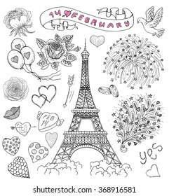 Valentine's Day doodle set with the Eiffel Tower, roses, love symbols, salutes and hearts. Line art illustration with hand drawn design elements and banner with text.