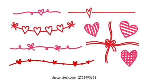 Valentinstag-Doodle-Set mit roten und rosa handgezeichneten Elementen. Enthält Herzunterteiler, bunte Banner, große gebundene Schleife und gemusterte Herzen für romantische Dekorationen.