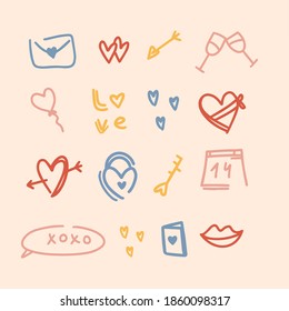 El doodle del día de San Valentín. Elementos vectoriales dibujados a mano