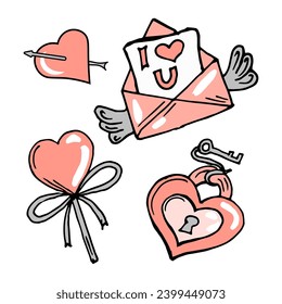 Valentine's Day doodle set, heart, key, candy heart, love letter with wings. Decor elements, vector