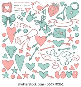 Valentine's day doodle set with hearts and other love attributes, vector illustration