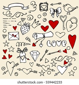 Valentine's day doodle set with hot hearts and other attributes, vector illustration