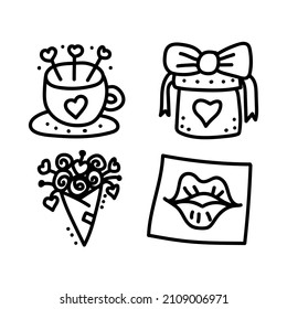 Valentines day Doodle set of icons date of lovers. First meeting cafe, a cup of coffee, a gift, a bouquet of flowers, a kiss on a napkin. Hand drawn Illustration for web, card, flyer, holiday, sticker