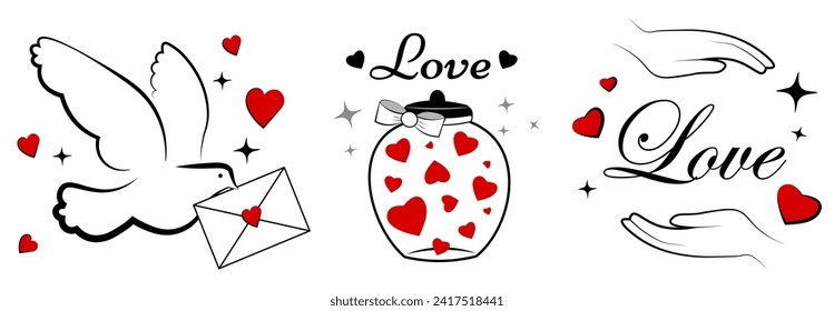 Valentine's Day. Doodle. Set of illustrations with red hearts