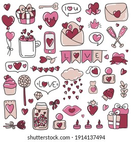 Valentines Day doodle set with love elements. Vector illustration EPS10. For wedding,love,romantic card,Valentine template.Flat element collection.