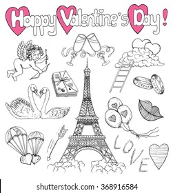 Valentine's Day doodle set with love icons, the Eiffel Tower, angel or Cupid and symbols. Line art holiday illustration with hand drawn design elements and banner with text.