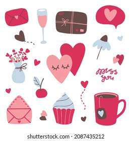 Valentines day doodle set, objects for concept and design, vector illustration flat.