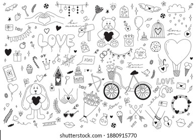 Valentine's Day Doodle Set. Romantic vector icon in hand drawn outline style. Lettering, birds, hearts, flower, lips and other. Wedding, love and romantic events characters and illustrations.