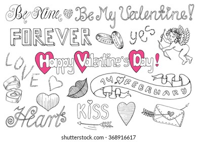 Valentine's Day doodle set with text, letters and love symbols. Line art vector illustration with hand drawn design elements and banners with text. Holiday theme