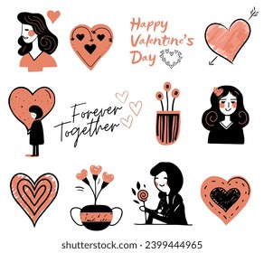 Valentines day doodle set in trendy color, romantic design for cards, posters, banners. Hand drawn vector elements.
