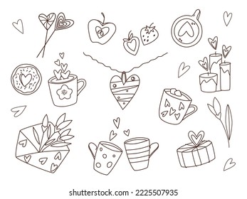 Valentine's day doodle set of vector drawings. Hand drawn design elements: cappuccino, donut, heart necklace, gift box, candles, opened envelope, flowers, strawberry, hot chocolate with marshmallows. 