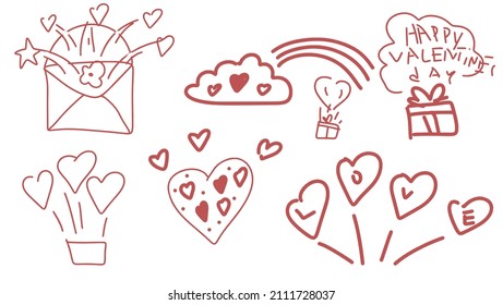 Valentine's day doodle sketch elements hand drawn vector illustration isolated on white background, coloring for children