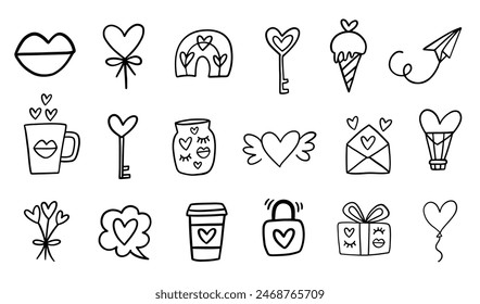 Valentines Day Doodle Sketch Icons Set. Romantic Love Design Elements Collection. Wedding Decoration. Minimal Vector Illustration, Vintage Retro Style