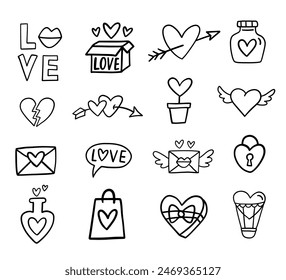 Conjunto de iconos de boceto de garabato de San Valentín. Romántico Amor Elementos de diseño Colección. Decoración de Boda. Ilustración vectorial mínima, Antiguas estilo retro