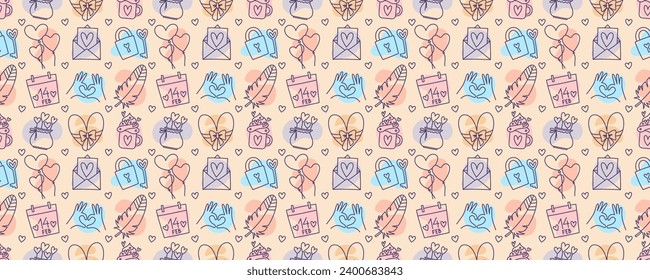 Valentines Day doodle style candy color seamless pattern, hand-drawn love theme icons cute background. Romantic mood collection.