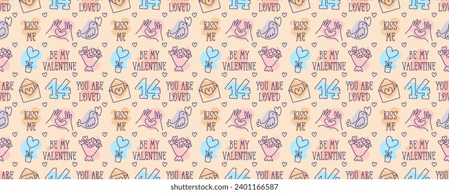 Valentines Day doodle style candy color seamless pattern, hand-drawn love theme icons and quotes cute background. Romantic mood collection.