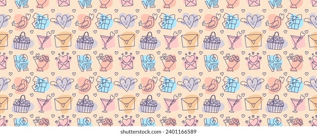 Valentines Day doodle style candy color seamless pattern, hand-drawn love theme icons cute background. Romantic mood collection.