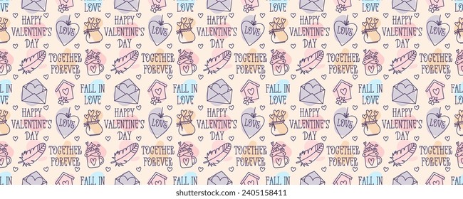 Valentines Day doodle style candy color seamless pattern, hand-drawn love theme icons and quotes cute background. Romantic mood collection.
