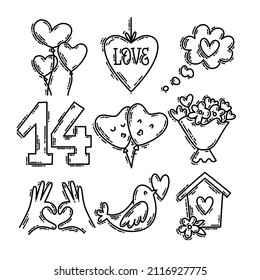 Valentine's Day doodle style hand-drawn icon set with simple engraving retro effect. Romantic mood cute love symbols and elements collection.