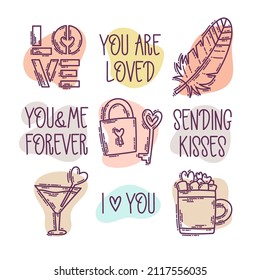 Valentine's Day doodle style hand-drawn icons with simple engraving retro effect and quotes. Romantic mood cute love symbols, letterings and elements on abstract bubbles.
