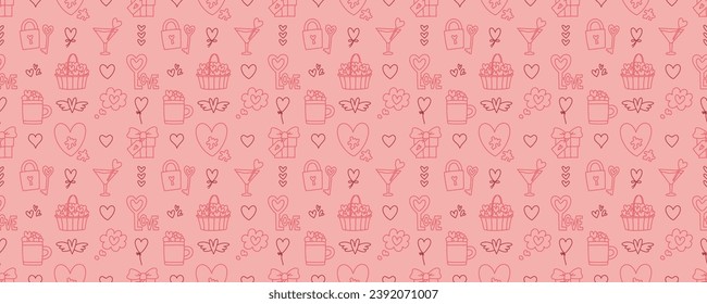 Estilo doodle de San Valentín patrón sin fisuras, fondo de iconos de temas de amor dibujados a mano. Ambiente romántico adorable colección de símbolos y elementos.