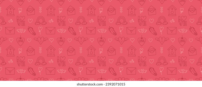 Valentines Day doodle style seamless pattern, hand-drawn love theme icons background. Romantic mood cute symbols and elements collection.