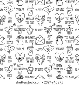 Valentines Day doodle style seamless pattern in black and white, hand-drawn love theme icons and quotes background. Romantic mood, cute symbols and elements collection.
