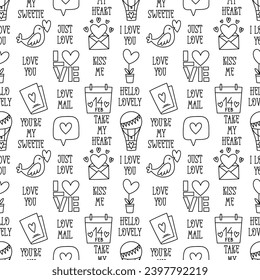 Valentines Day doodle style seamless pattern in black and white, hand-drawn love theme icons and quotes background. Romantic mood, cute symbols and elements collection.
