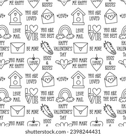 Valentines Day doodle style seamless pattern in black and white, hand-drawn love theme icons and quotes background. Romantic mood, cute symbols and elements collection.