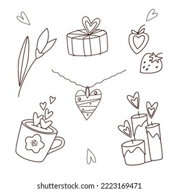 Dibujo vectorial de doodle de San Valentín collar del corazón, caja de regalo, flor de nevada, 
fresa, velas y taza. Conjunto romántico de elementos de diseño para tarjetas de felicitación de San Valentín, etiquetas de regalo.