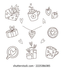 Valentines day doodle vector drawings. Set of cute cartoon illustrations. Candles, heart necklace, donut, gift box, envelope, flowers, cappuccino, strawberry.
