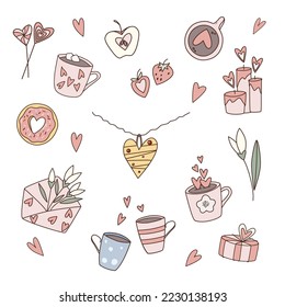 Ilustraciones vectoriales del día de San Valentín. Conjunto de elementos de diseño dibujados a mano para tarjetas de San Valentín, etiquetas de regalo, tarjetas de felicitación. С, tazas, donut, collar, corazón, flores, sobre, fresa, velas. 