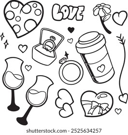 Valentines day doodle vector set. Hand drawn elements for Valentine's day. Theme of Love doodle illustration set