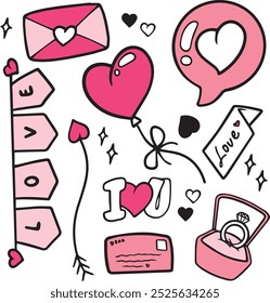 Valentines day doodle vector set. Hand drawn elements for Valentine's day. Theme of Love doodle illustration set