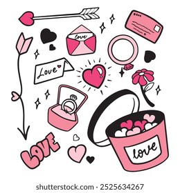 Valentines day doodle vector set. Hand drawn elements for Valentine's day. Theme of Love doodle illustration set
