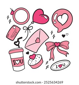 Valentines day doodle vector set. Hand drawn elements for Valentine's day. Theme of Love doodle illustration set