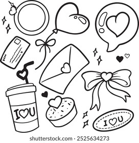 Valentines day doodle vector set. Hand drawn elements for Valentine's day. Theme of Love doodle illustration set