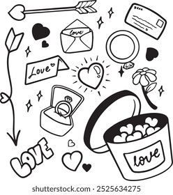 Valentines day doodle vector set. Hand drawn elements for Valentine's day. Theme of Love doodle illustration set