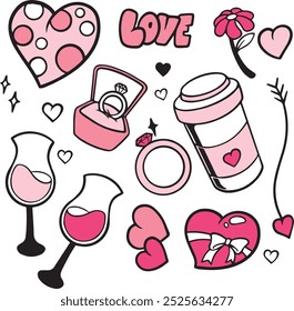 Valentines day doodle vector set. Hand drawn elements for Valentine's day. Theme of Love doodle illustration set