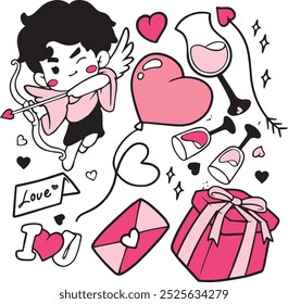 Valentines day doodle vector set. Hand drawn elements for Valentine's day. Theme of Love doodle illustration set