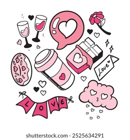 Día de San Valentín doodle conjunto de Vector. Elementos dibujados a mano para el día de San Valentín. Tema del conjunto de ilustración de doodle de amor