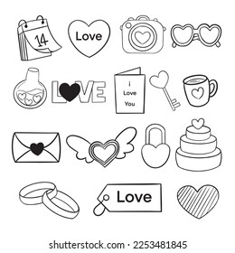 valentine's day doodle white background vector illustration for design label sticker, greeting, and card.