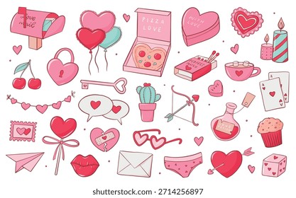 Valentine's day doodles, cartoon elements, clipart collection for stickers, social media visuals, prints, cards, banners decor, etc. EPS 10