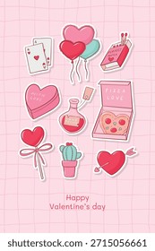 Valentine's day doodles, cartoon elements stickers collection for social media visuals, planners, cards, posters, banners, prints. EPS 10