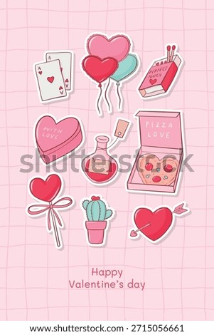 Valentine's day doodles, cartoon elements stickers collection for social media visuals, planners, cards, posters, banners, prints. EPS 10
