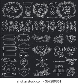 Valentines day Doodles flower decoration,lettering,branches,arrow,ribbons ,badges.Vintage Vector decor elements for Hand sketched logo,template,card.Wedding,holiday,birthday.Chalkboard